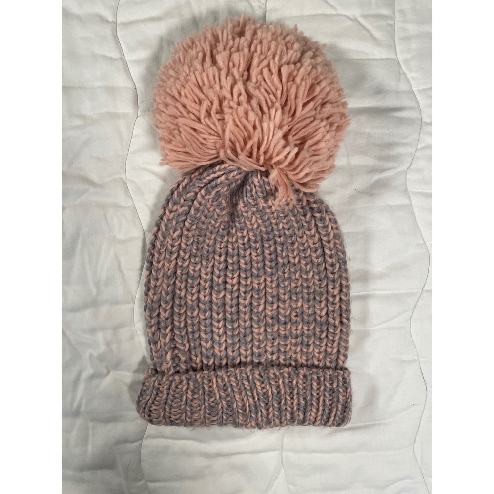 CC Beanie Women Pink Gray Chunky Knit Oversized Pom Beanie Hat Cuff Logo Patch - Picture 2 of 2